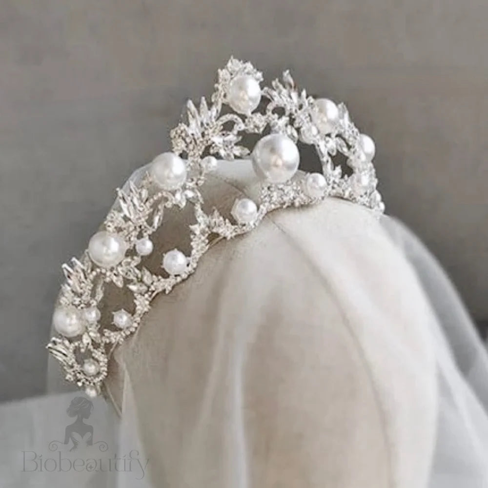 Courtney Silver Pearl Crystal Bridal Tiara