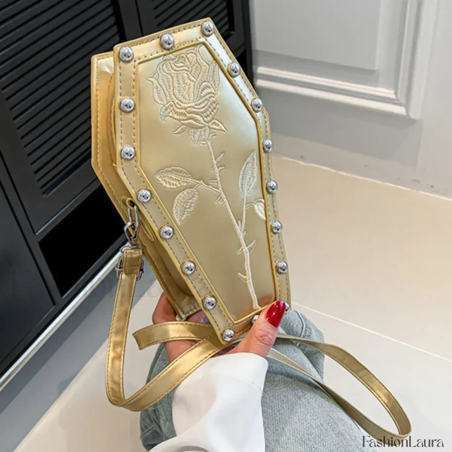 Creative PU Coffin Shape Embroidery Phone Office Travel Bag Gold