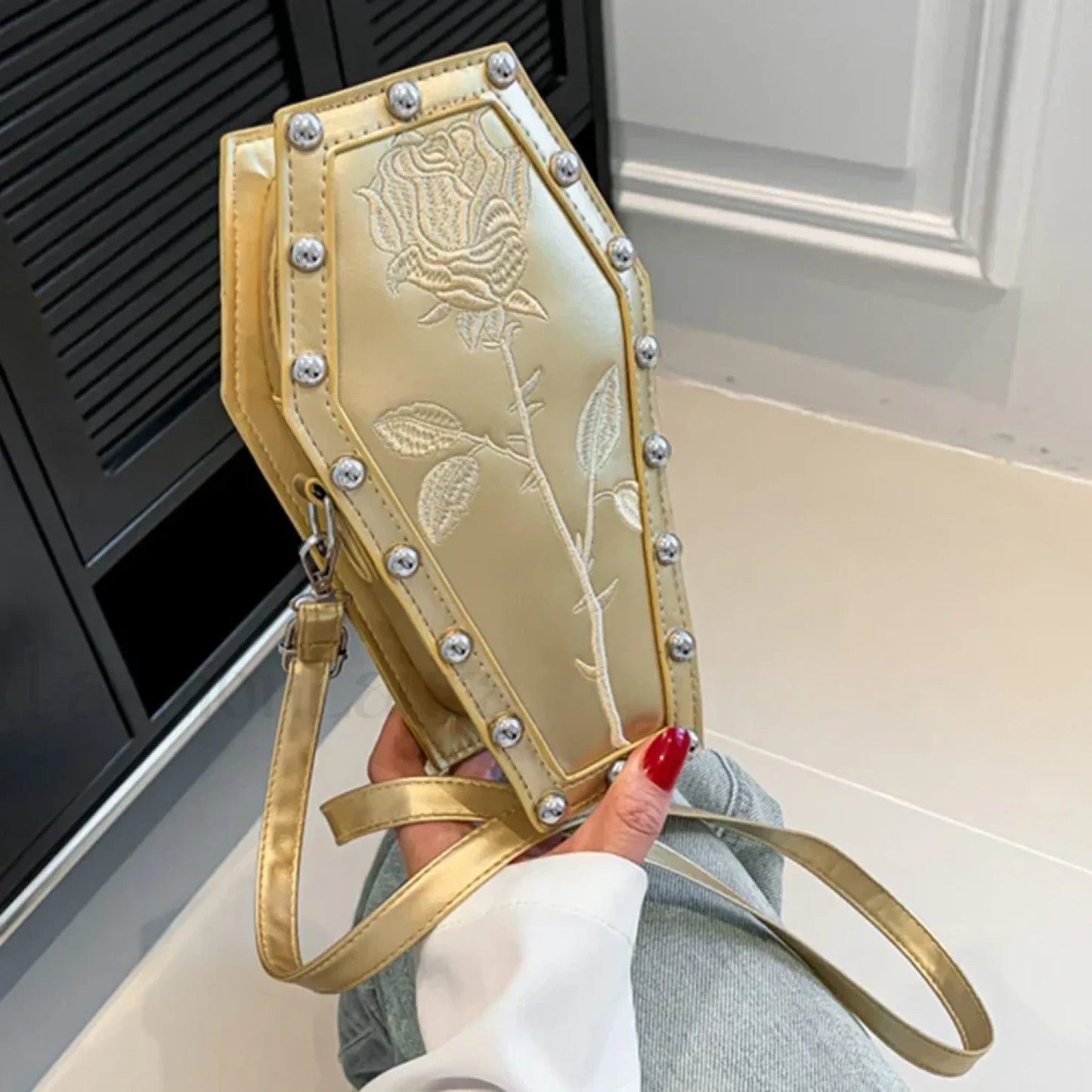 Creative PU Coffin Shape Embroidery Phone Office Travel Bag Gold