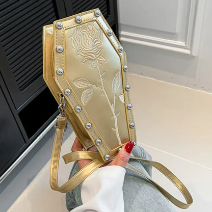 Creative PU Coffin Shape Embroidery Phone Office Travel Bag Gold