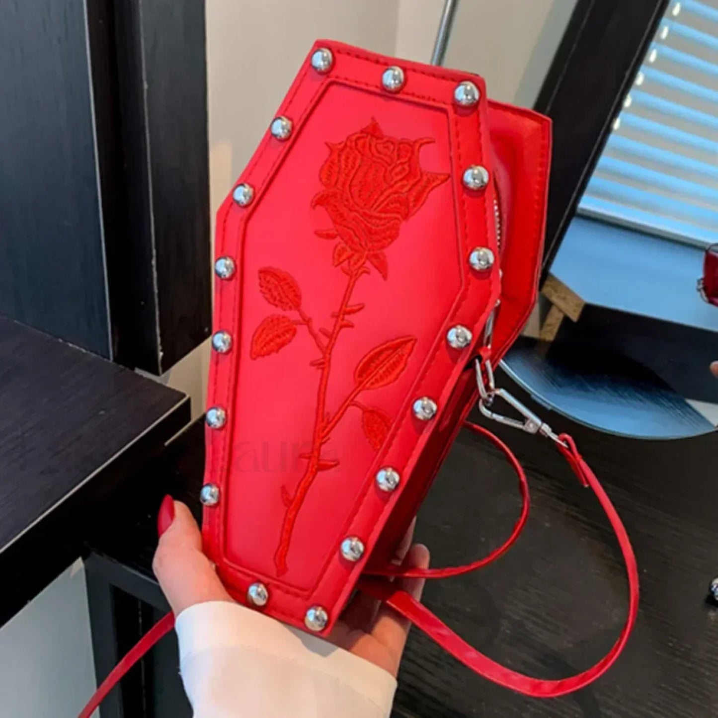 Creative PU Coffin Shape Embroidery Phone Office Travel Bag Red