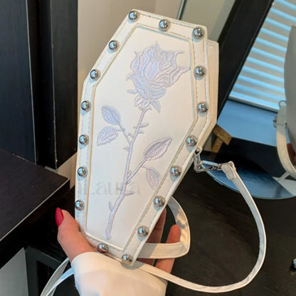 Creative PU Coffin Shape Embroidery Phone Office Travel Bag White