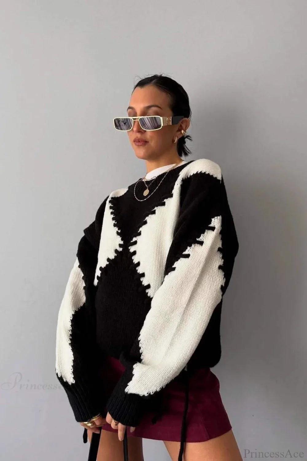 Crew Neck Long Sleeve Contrast Argyle Drawcord Sweater