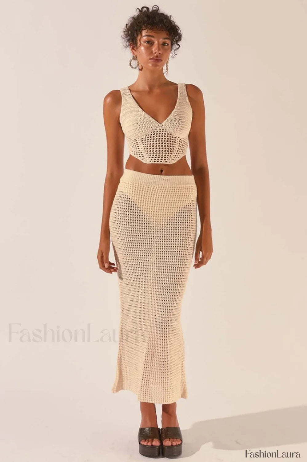 Crochet Midi Top Charming + Skirt Set S / Seashell