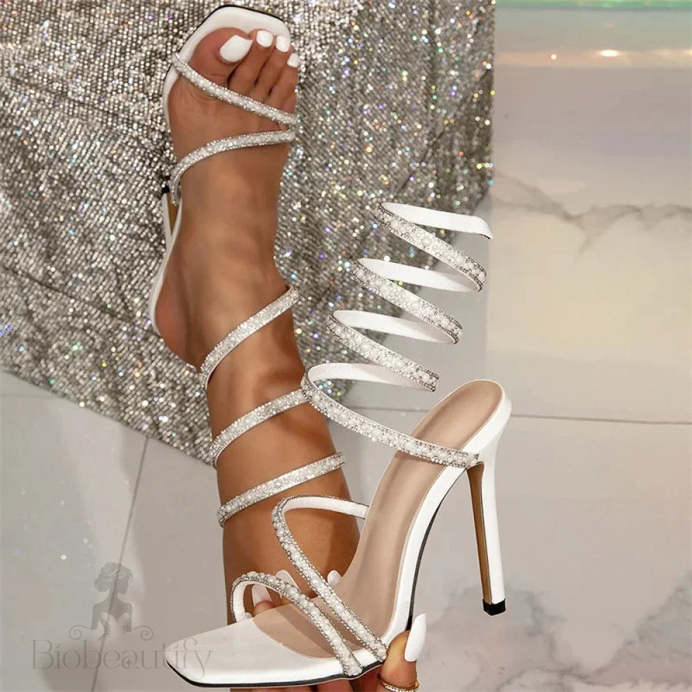 Crystal Ankle Strap Sandals With Thin High Heels For Women