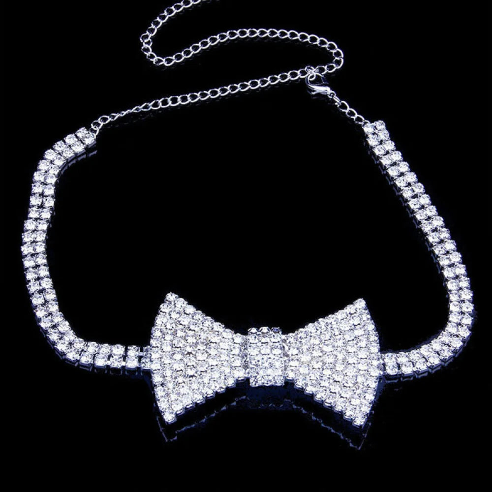 Crystal Bow Detail Choker Necklace - Silver