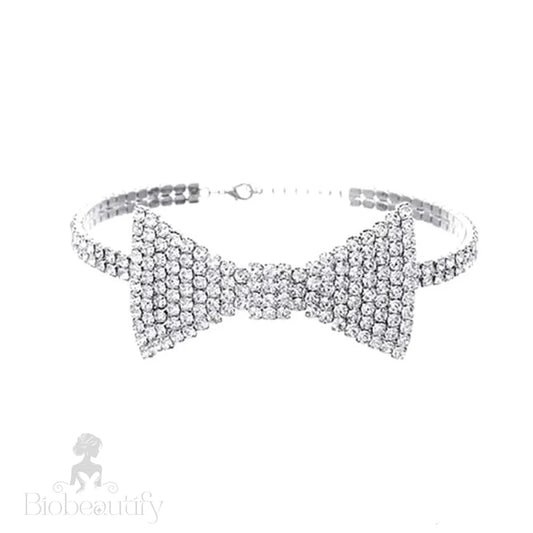 Crystal Bow Detail Choker Necklace - Silver One Size /