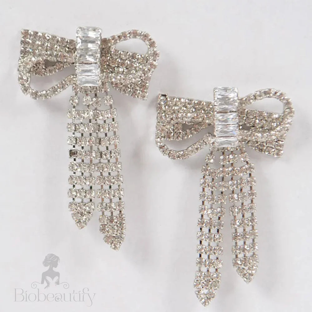 Crystal Bow Drop Earrings Silver