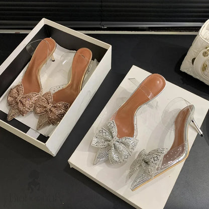 Crystal Bowknot Pvc Transparent Women Pumps With Pointed Toe And Low Heels In Champagne Silver