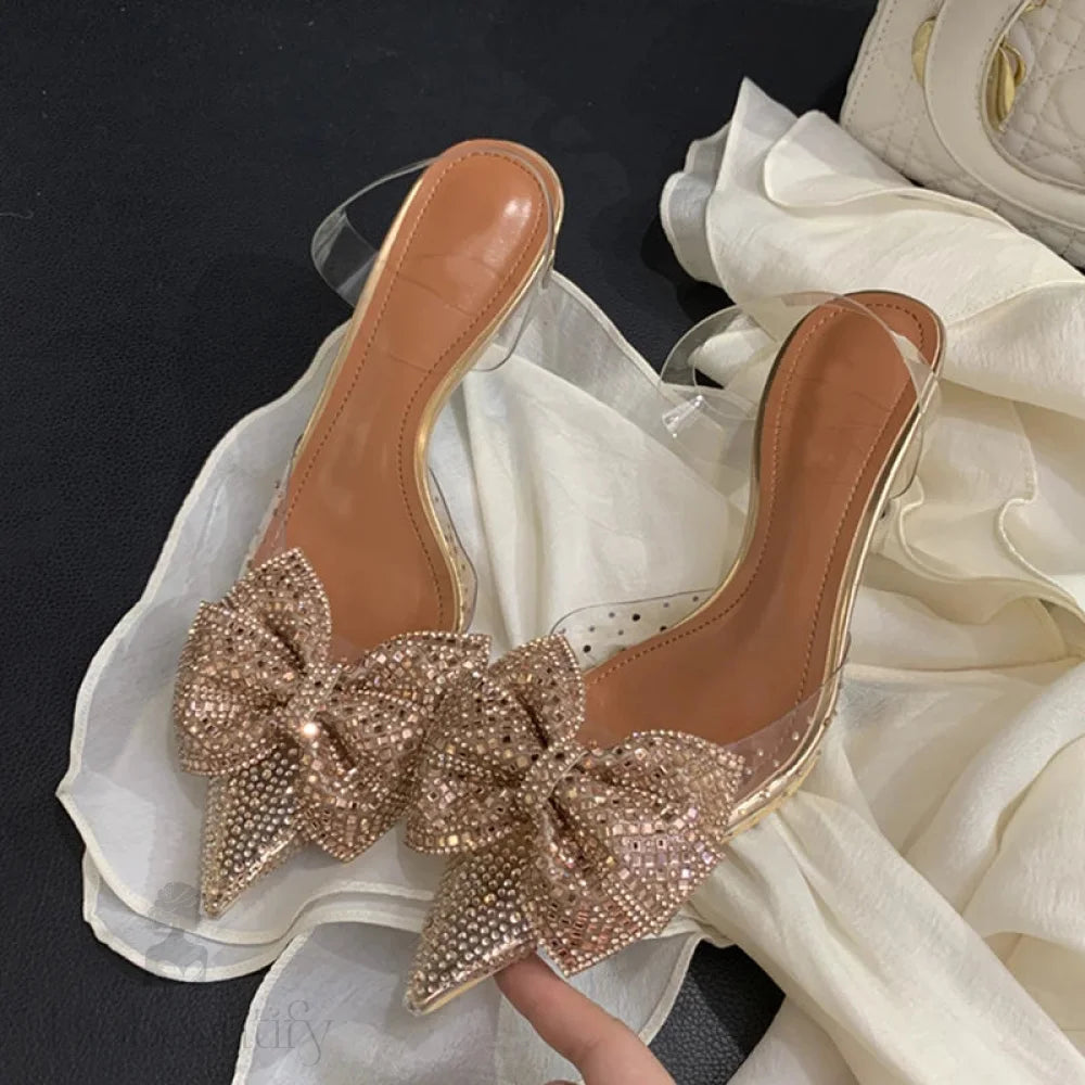 Crystal Bowknot Pvc Transparent Women Pumps With Pointed Toe And Low Heels In Champagne Silver