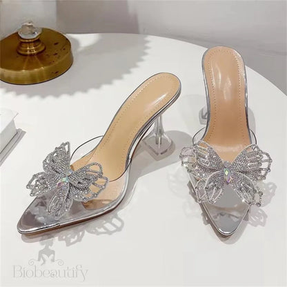 Crystal Bowknot Women Slippers With Sexy Pointed Toe And Strange Heels Silver / 41