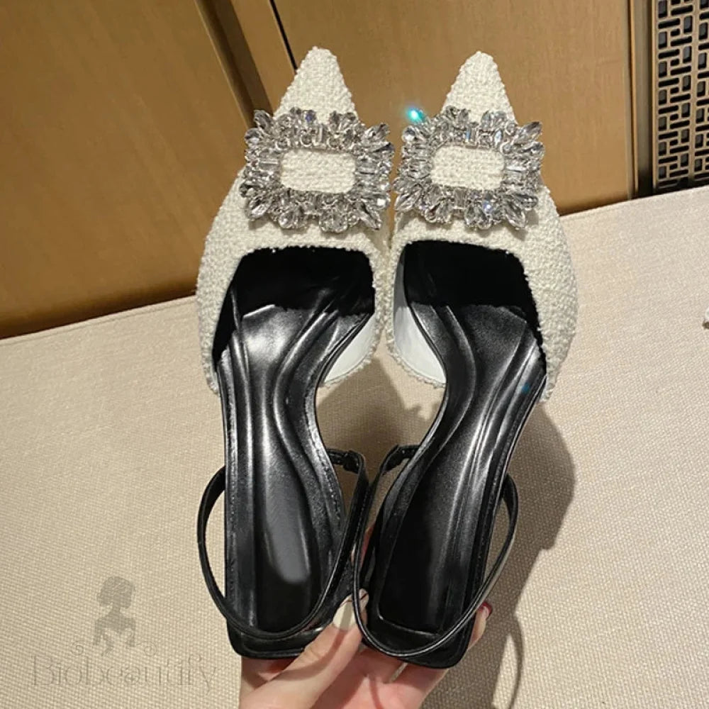 Crystal Buckle Pointed Toe Low Thin Heels Wedding Prom Shoes