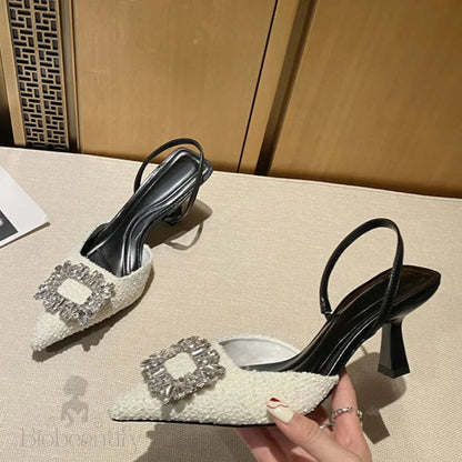 Crystal Buckle Pointed Toe Low Thin Heels Wedding Prom Shoes