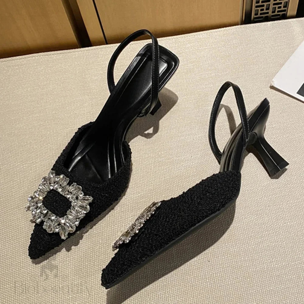 Crystal Buckle Pointed Toe Low Thin Heels Wedding Prom Shoes