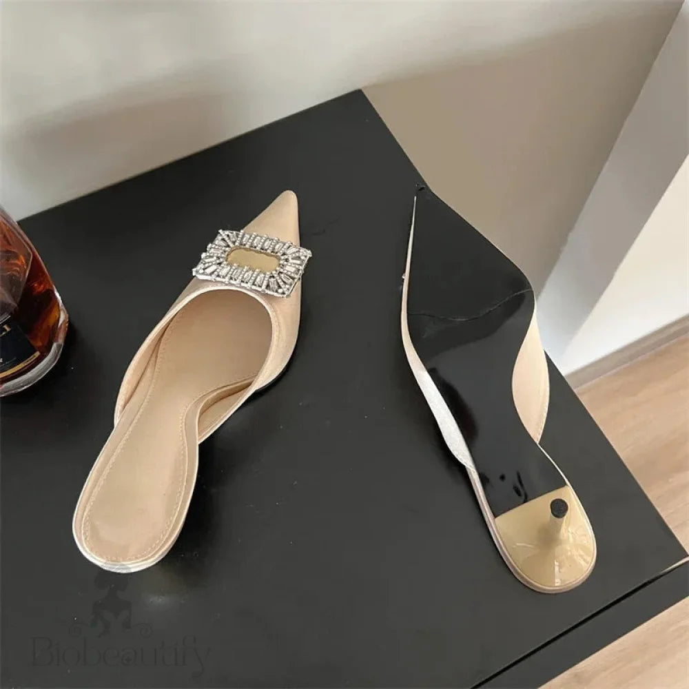 Crystal Buckle Pointed Toe Thin Heel Slippers For Women - Fashionable Casual Party Mules