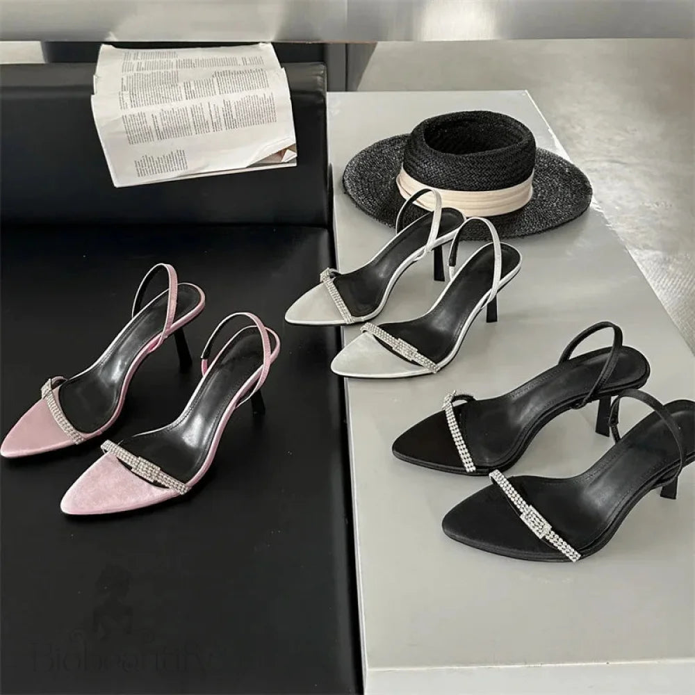 Crystal Buckle Pointed Toe Women Sandals With Ankle Strap And Thin High Heels