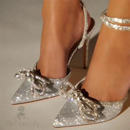 Crystal Buckle Strap Women Pumps With Butterfly-Knot Detail And Thin High Heels