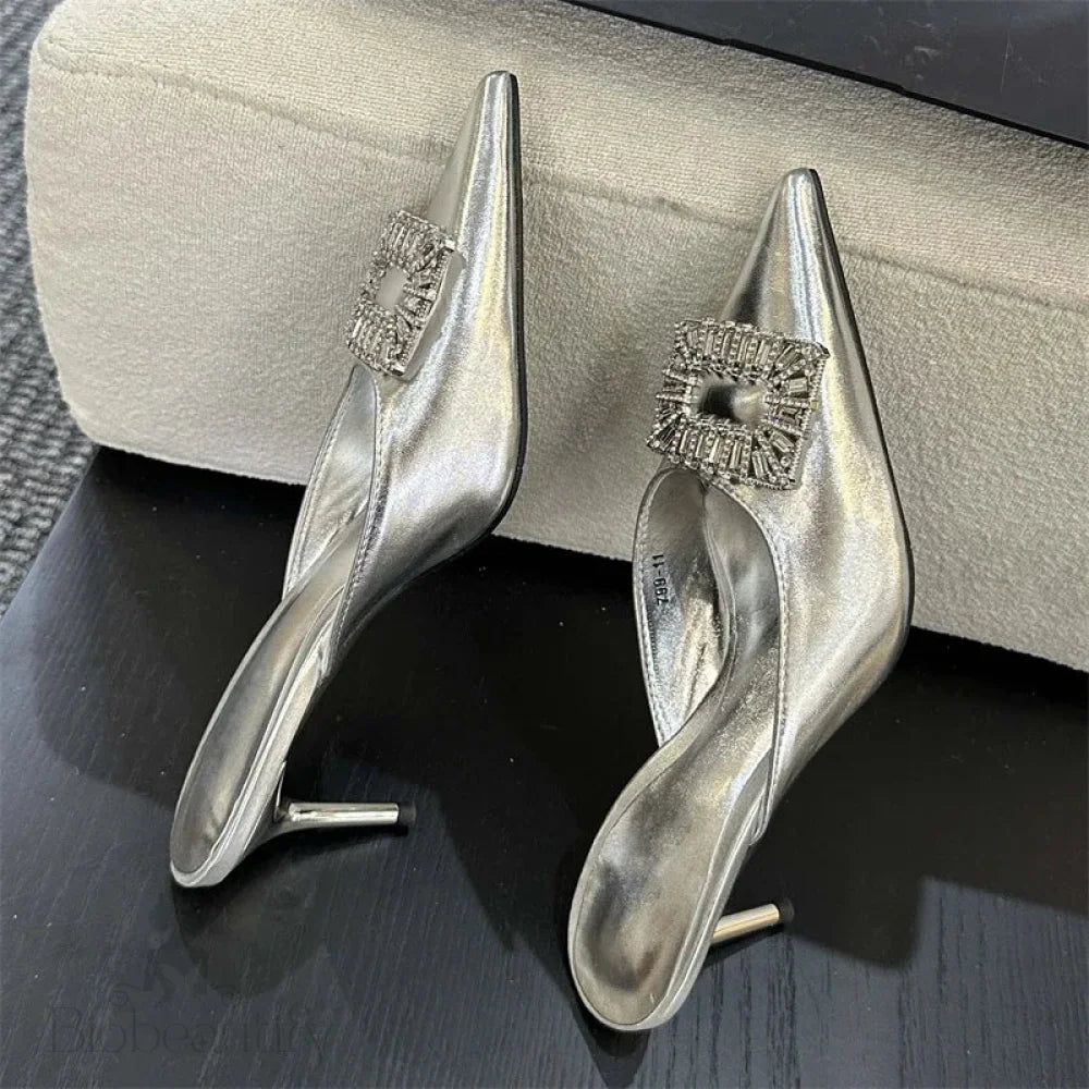 Crystal Buckle Thin Heel Pointed Toe Spring Women Mule Shoes