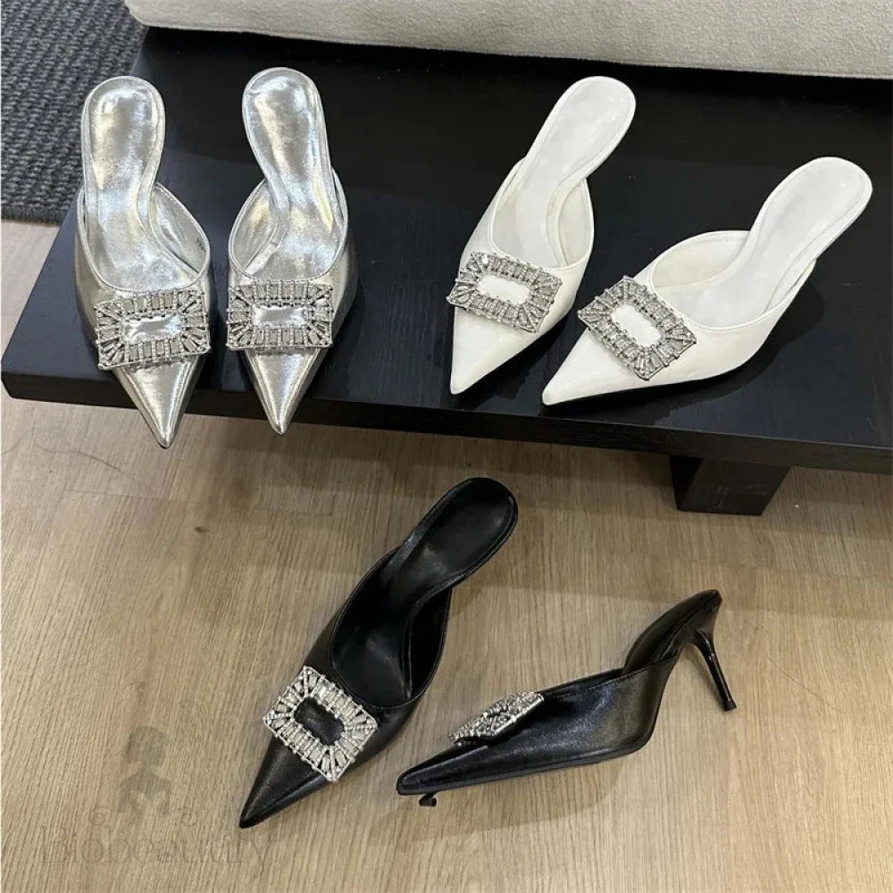 Crystal Buckle Thin Heel Pointed Toe Spring Women Mule Shoes