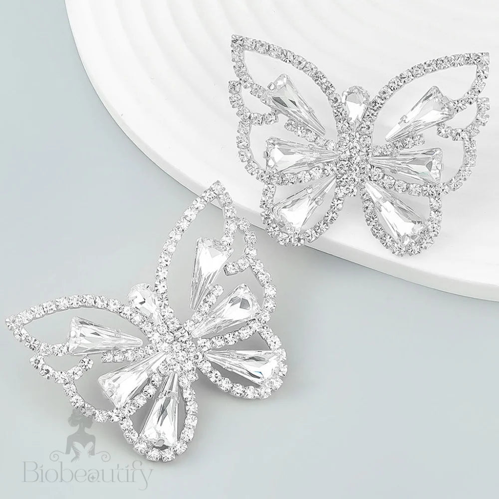 Crystal Butterfly Earrings With Shimmery Silver Plating