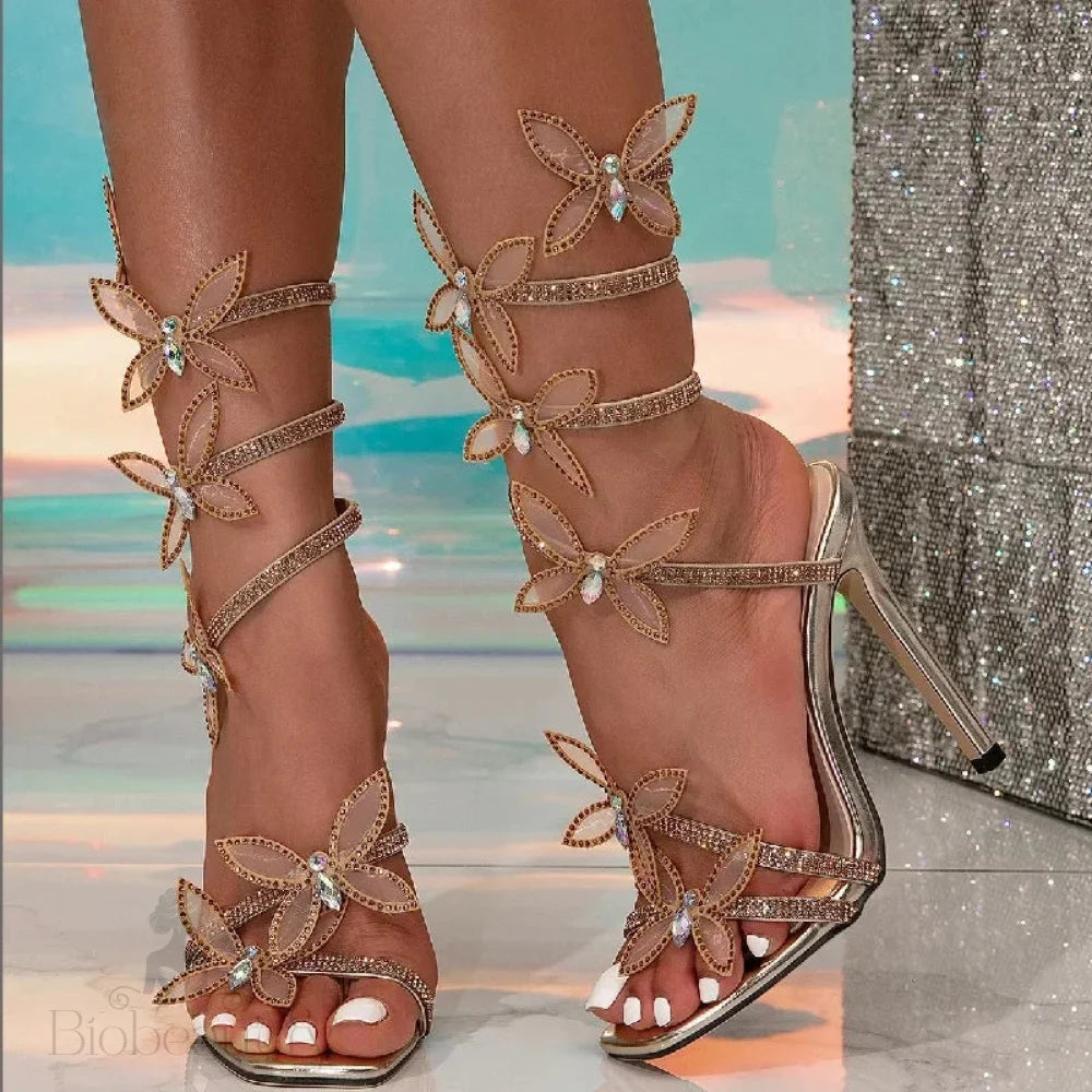 Crystal Butterfly-Knot Ankle Strap Woman Sandals