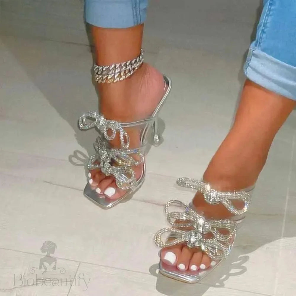 Crystal Butterfly-Knot Designer Sandals With Clear Heels