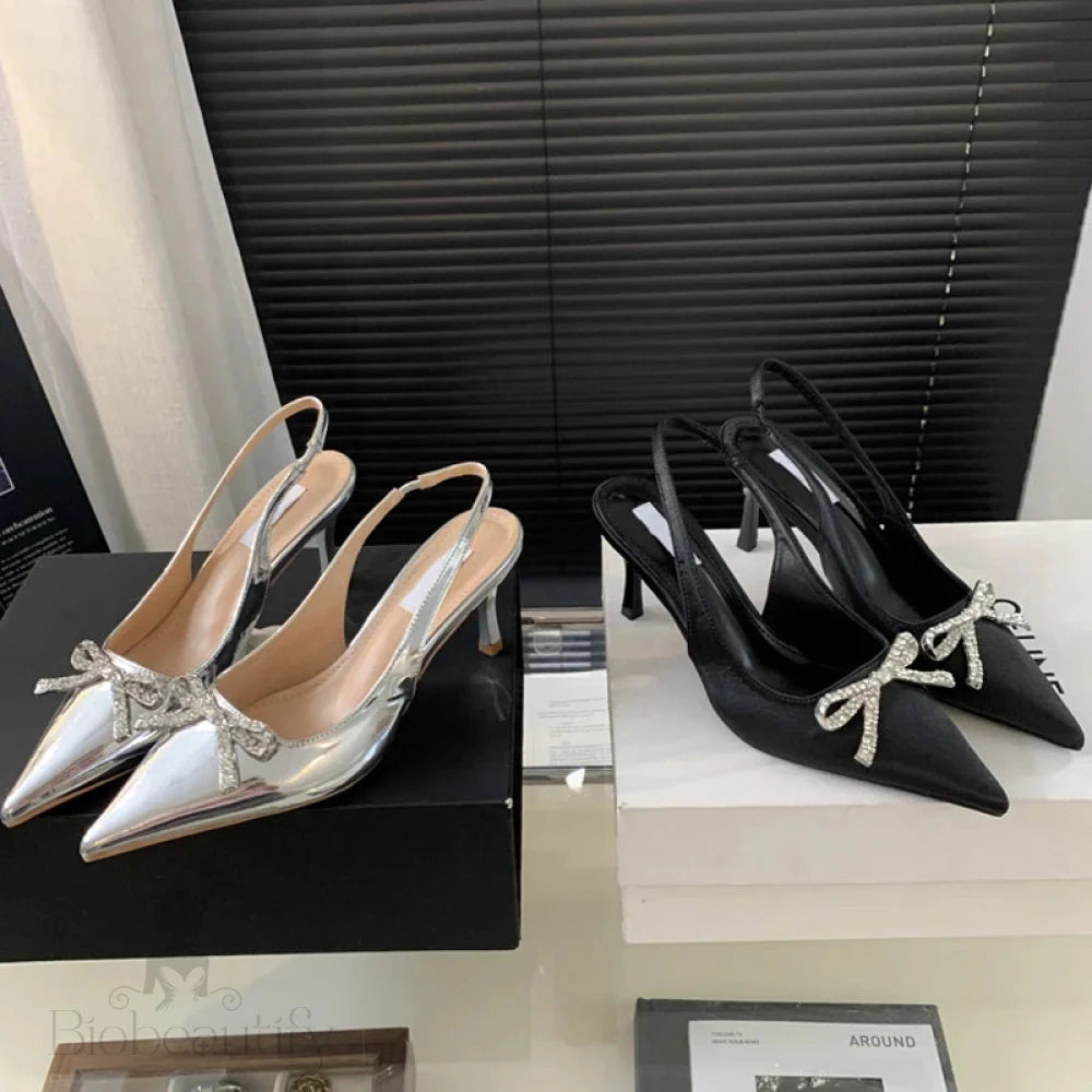 Crystal Butterfly-Knot Women Pumps With Sexy Pointed Toe And Slingbacks Low Thin Heel