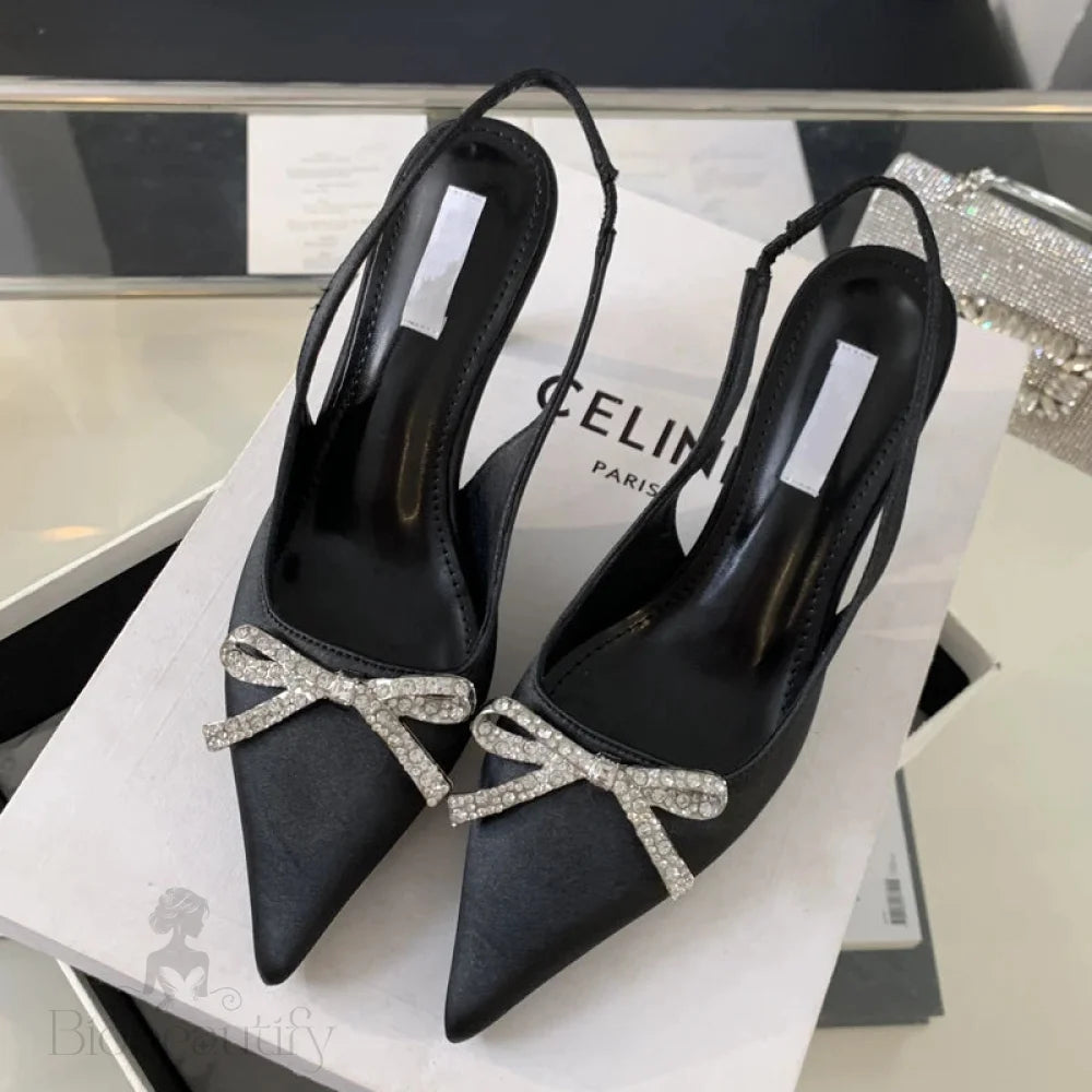 Crystal Butterfly-Knot Women Pumps With Sexy Pointed Toe And Slingbacks Low Thin Heel