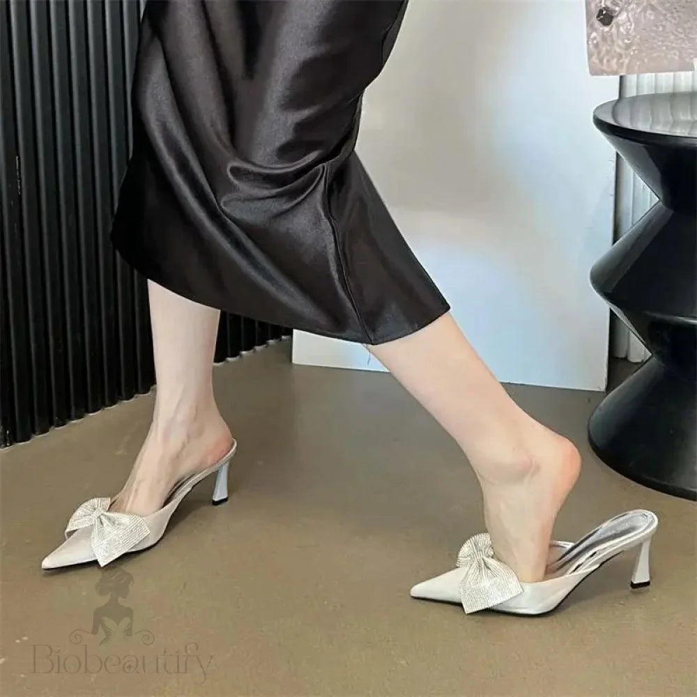 Crystal Butterfly-Knot Women Slipper Pointed Toe Mules Shoes Elegant Thin Low Heel Sandals