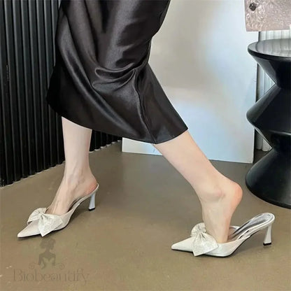 Crystal Butterfly-Knot Women Slipper Pointed Toe Mules Shoes Elegant Thin Low Heel Sandals