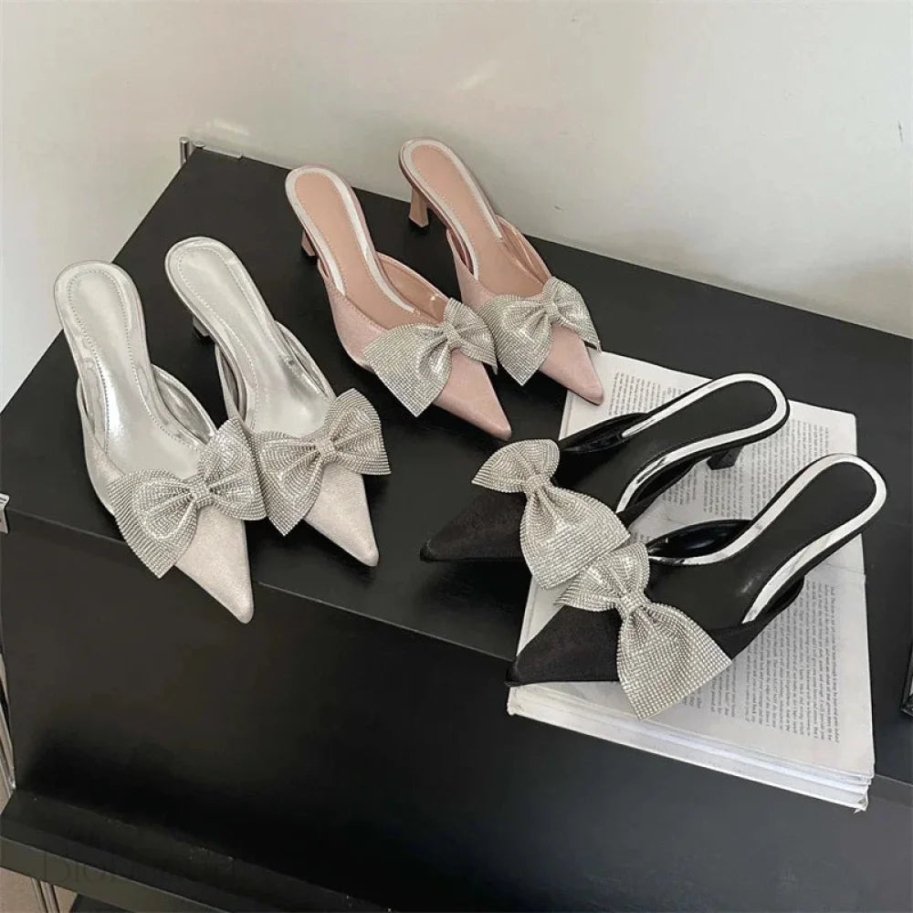 Crystal Butterfly-Knot Women Slipper Pointed Toe Mules Shoes Elegant Thin Low Heel Sandals