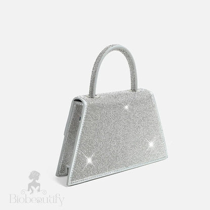 Crystal Embellished Foldover Top Handle Crossbody Bag In Silver