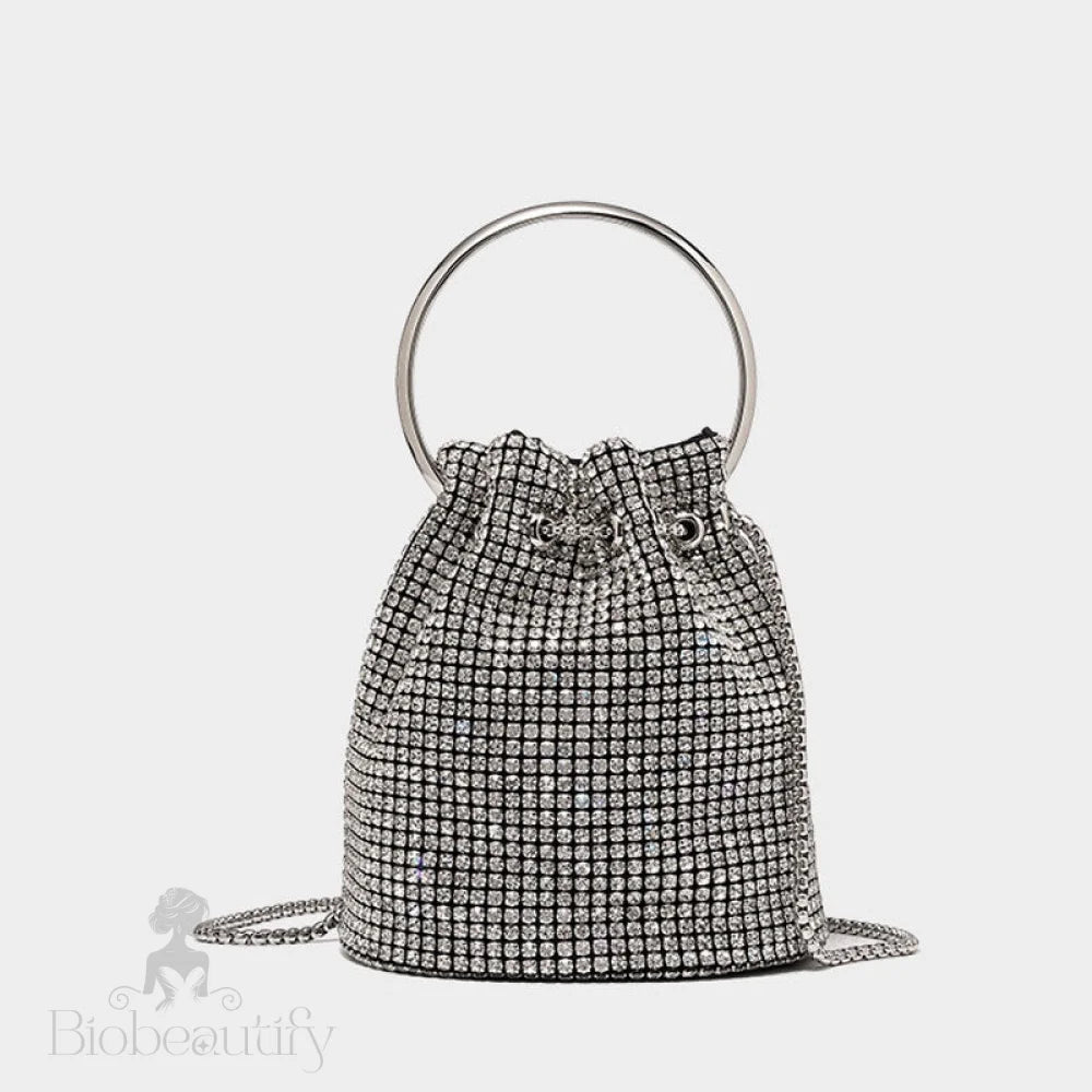 Crystal Embellished Silver Drawstring Crossbody Bucket Bag