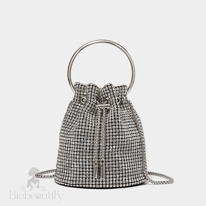 Crystal Embellished Silver Drawstring Crossbody Bucket Bag One Size /