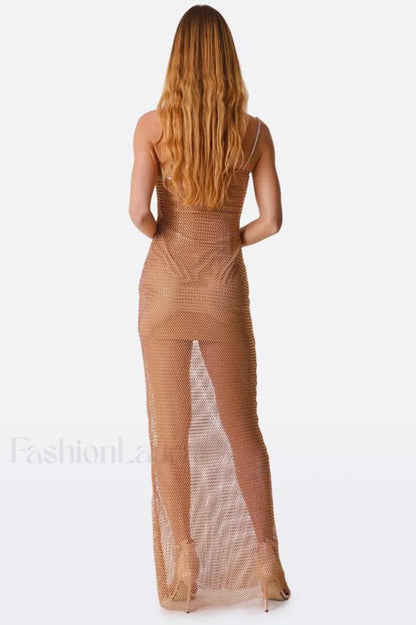 Crystal Embellished Stylish Fishnet Maxi Dress