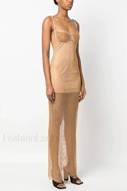 Crystal Embellished Stylish Fishnet Maxi Dress