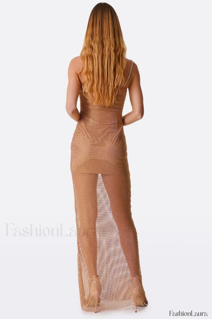 Crystal Embellished Stylish Fishnet Maxi Dress
