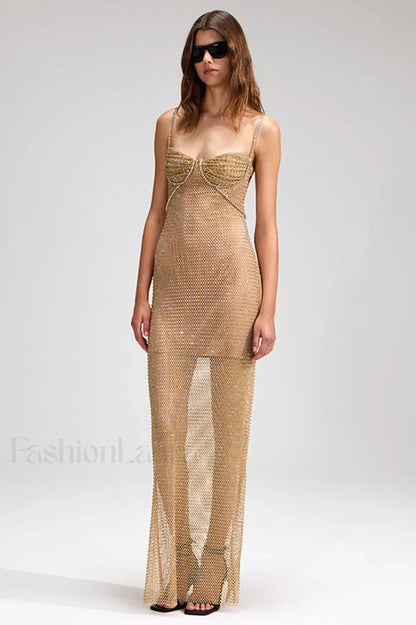 Crystal Embellished Stylish Fishnet Maxi Dress
