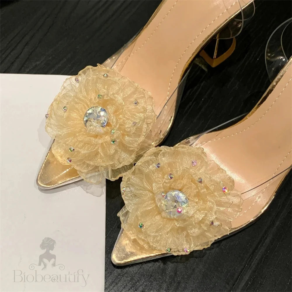 Crystal Flower Designer Women Pumps With Transparent High Heels