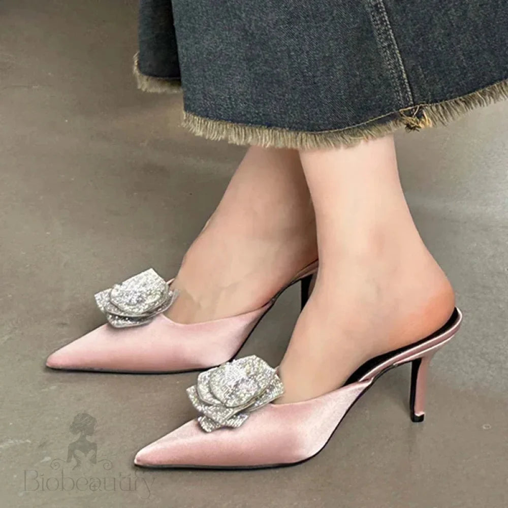 Crystal Flower Silk Pointed Toe Slippers For Women