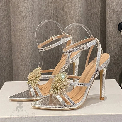 Crystal Flowers Pointed Toe Sandals With Ankle Buckle Strap And Thin High Heels For Prom