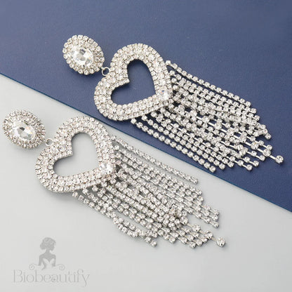 Crystal Heart Tassel Earrings With Gem Detail - Silver