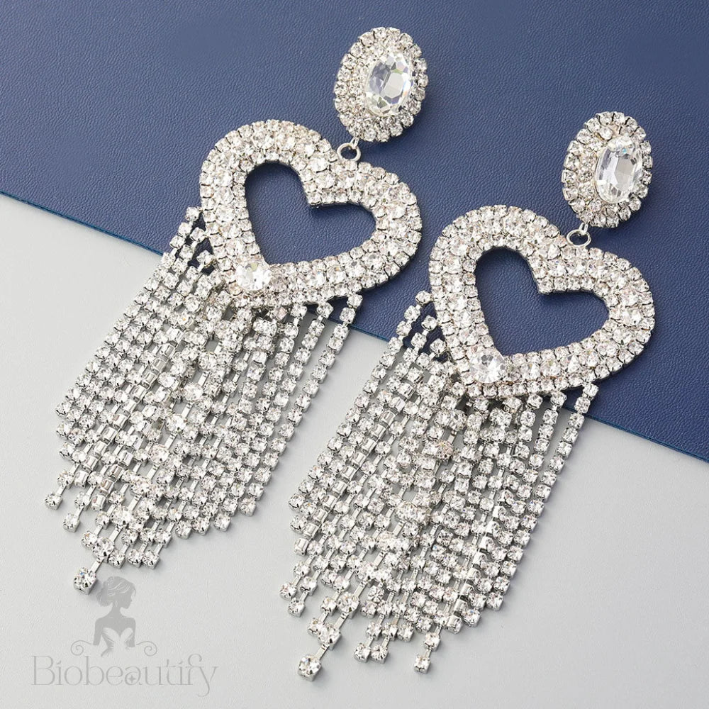 Crystal Heart Tassel Earrings With Gem Detail - Silver