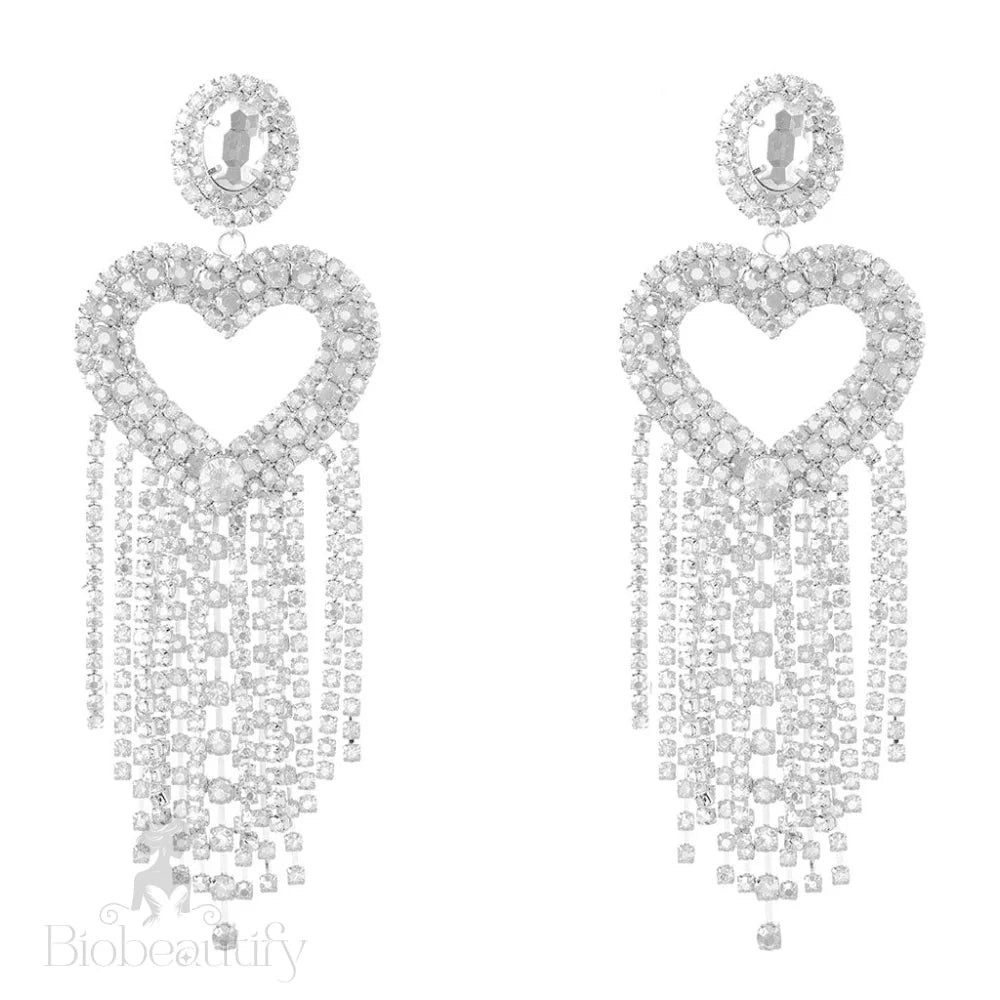 Crystal Heart Tassel Earrings With Gem Detail - Silver