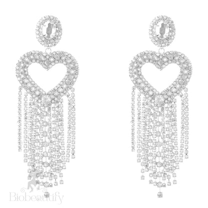 Crystal Heart Tassel Earrings With Gem Detail - Silver