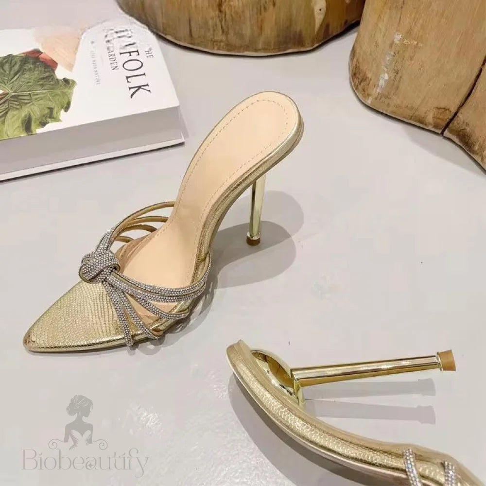 Crystal High Heel Slipper For Women Summer Fashion With Narrow Band And Pointed Toe