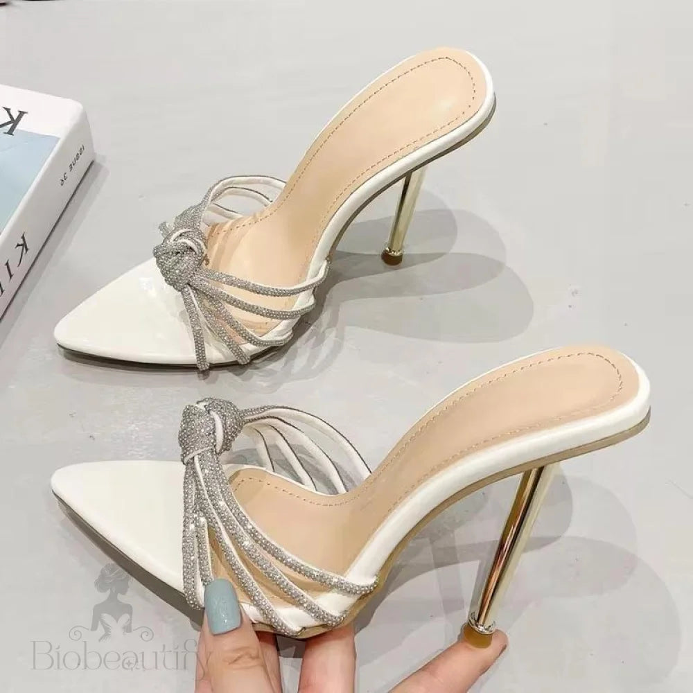 Crystal High Heel Slipper For Women Summer Fashion With Narrow Band And Pointed Toe