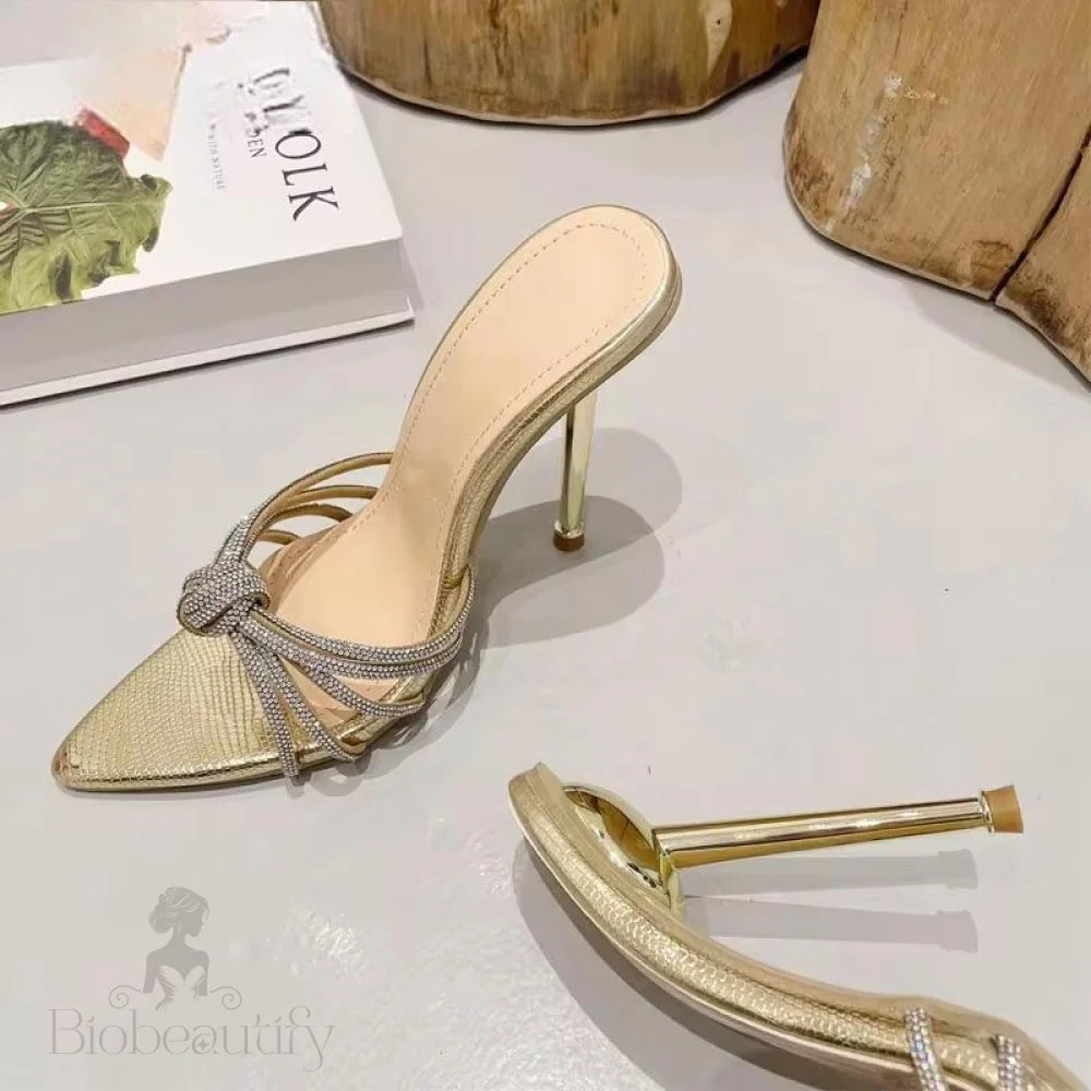 Crystal High Heel Slipper For Women Summer Fashion With Narrow Band And Pointed Toe Gold / 37