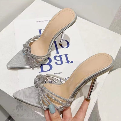 Crystal High Heel Slipper For Women Summer Fashion With Narrow Band And Pointed Toe Silver / 37