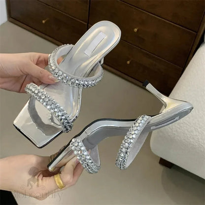 Crystal Hollow Out Women Slippers With Square Toe And Thin Low Heels